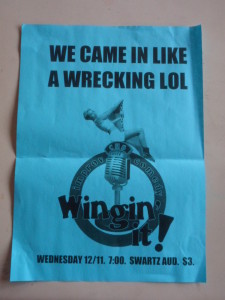 Wingin' It flyer that was hung around throughout the school to let students and staff know that Wingin' It is coming.