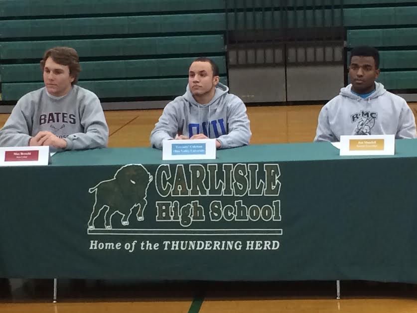 Max Breschi, Tre Coleman, and Jon Mundell all wait to sign their letters of intent on Feb 6.