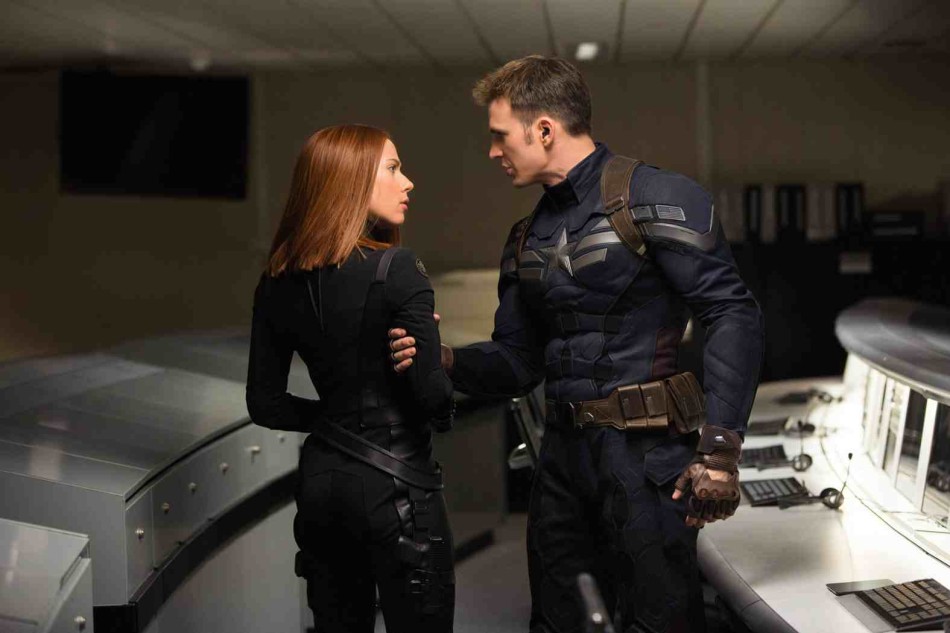 Chris+Evans+as+Captain+America+and+Scarlett+Johannson+as+Black+Widow+share+great+chemistry+as+partners+with+a+complex+relationship.