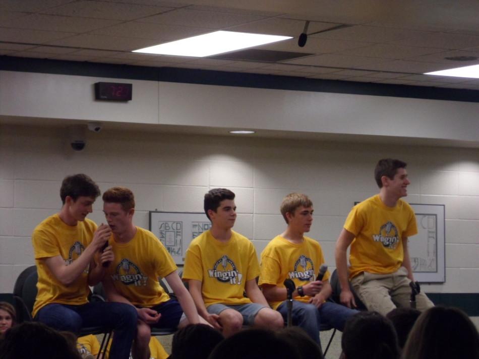 Seniors Griffin Mann, Ellis Johnson, Turner Blashford, Derek Ray, and junior Jules Harper-McCombs play in Group Interview, where they have to act like they are all the same personality and answer questions.