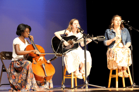 From the archives: 2014 graduates Amira Williams (left), Caitlin Dull, and Mallory Chaney perform "Kiss Me" by Sixpence None the Richer at the 2014 Renaissance show.  Seniors interested in trying out for this year's show should sign up in the McGowan office as soon as possible.