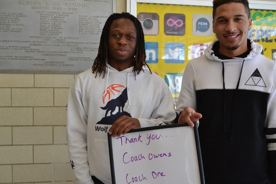 Seniors Deonte Ramsey and Isaiah Banks thank Coach Owens and Coach Andre for helping them throughout their high school basketball career.