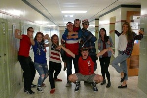 Senior Ben Farrell, Juniors Reghan Ruf and Grace Winton, Senior Sandi Kadric, Megan Godfrey, Ben Ulrich, Nathen Feldgus, Samantha Wolfe, and Amina Alagic actively participates in the first Spirit Day (Merica)
