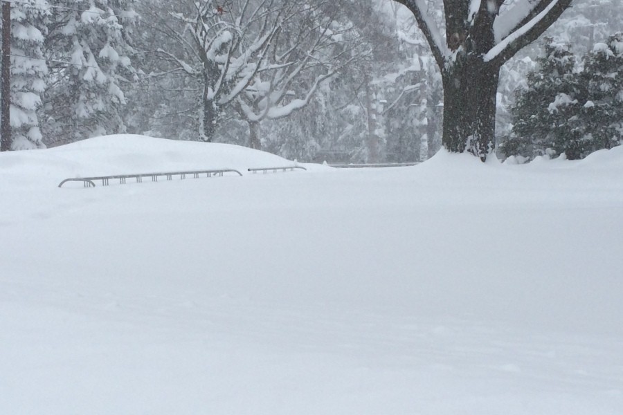 A bike rack is barely visible during the snowstorm, Jonas.