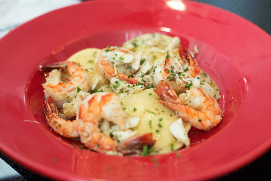 One of the most expensive meals on the menu, the Lobster Ravioli comes with shrimp and a cream sauce. 