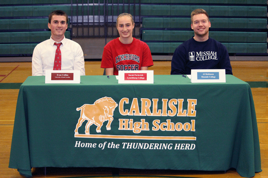 Evan+Collins%2C+Sarah+Pavlovich%2C+and+JJ+Robinson+signed+to+play+collegiate+level+sports+on+Feb+4.