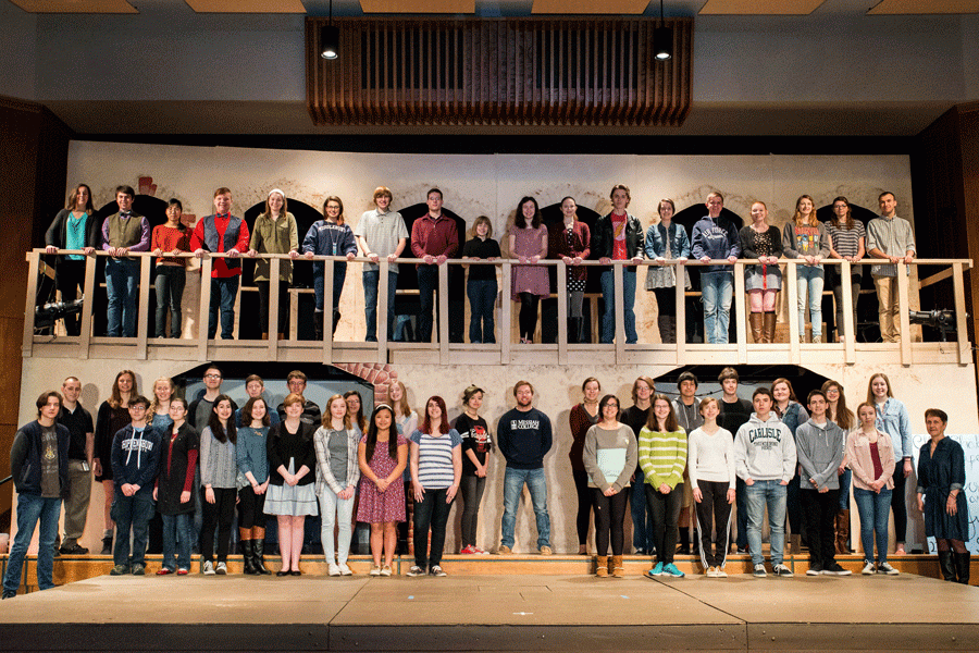 Seen here showing off their impressive numbers and stage design, the members of Shakespeare Troupe, led by adviser Sue Biondo-Hench, will present Romeo and Juliet on the Swartz auditorium stage Thurs April 21-Sat April 23, starting at 7:15pm.
