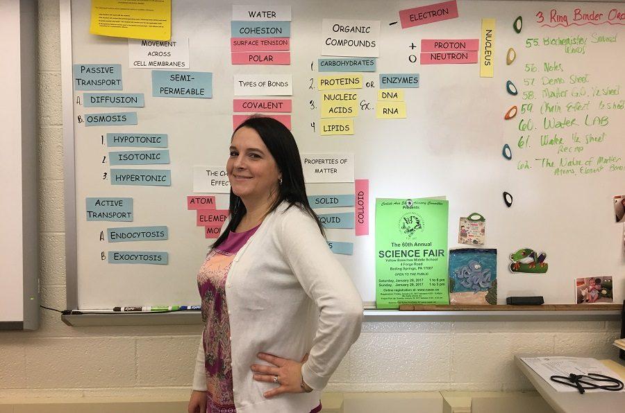 Mrs. Norcross stands in front a very important component of her classroom, the word wall.