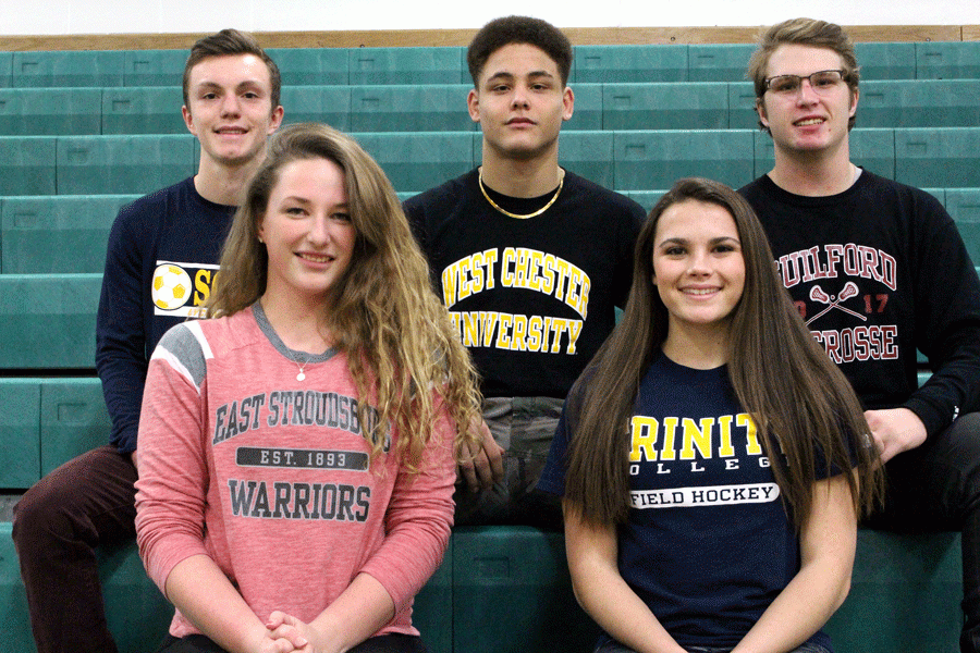 Congratulations to these seniors on their college signing day! From top left clockwise, Alex Henry, Nate Barnes, George Faller III, Ellie Tate, and Elizabeth Young.