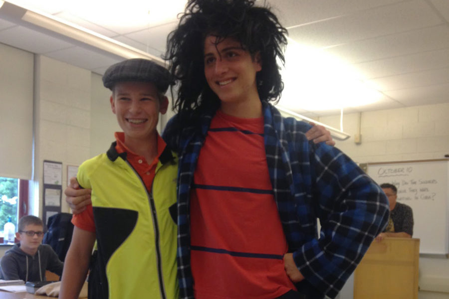  Freshmen Bennett Solomon and Ben Madio get into the spirit with crazy patterns and hair. The freshmen were exited to participate in their first spirit week.