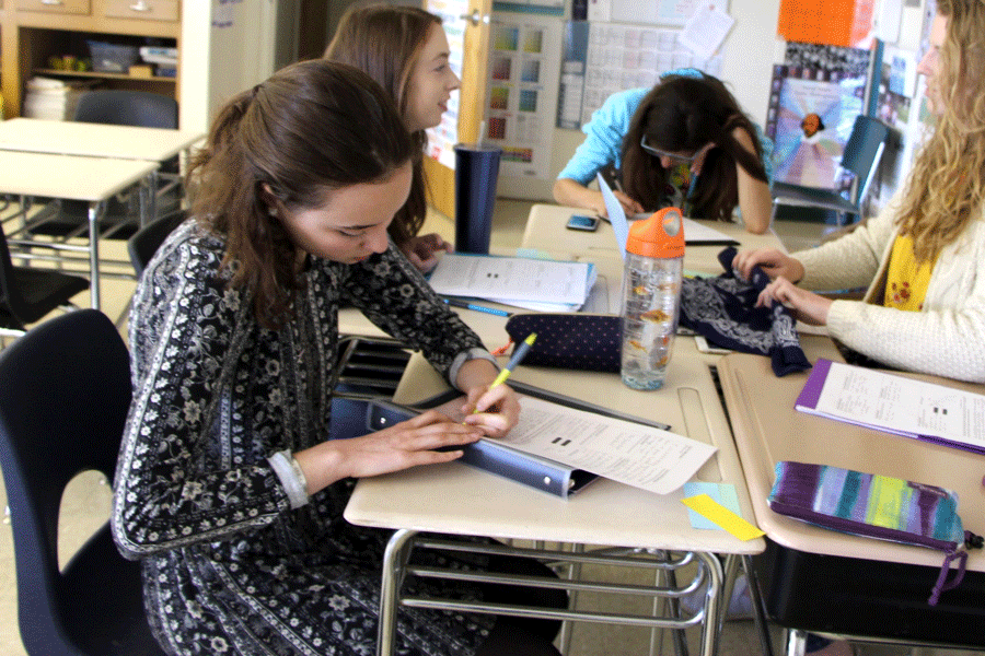 Senior Jamie Hafner works on an activity to prepare for her senior book chapter in AP Literature.  While senior book chapters can be difficult to complete, there are many benefits to the students during the writing process. 