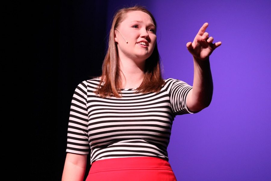 Senior Sarah Swahlon performs Times Are Hard For Dreamers from the Broadway musical Amelie. Swahlon was one of many students who performed in the Revue.