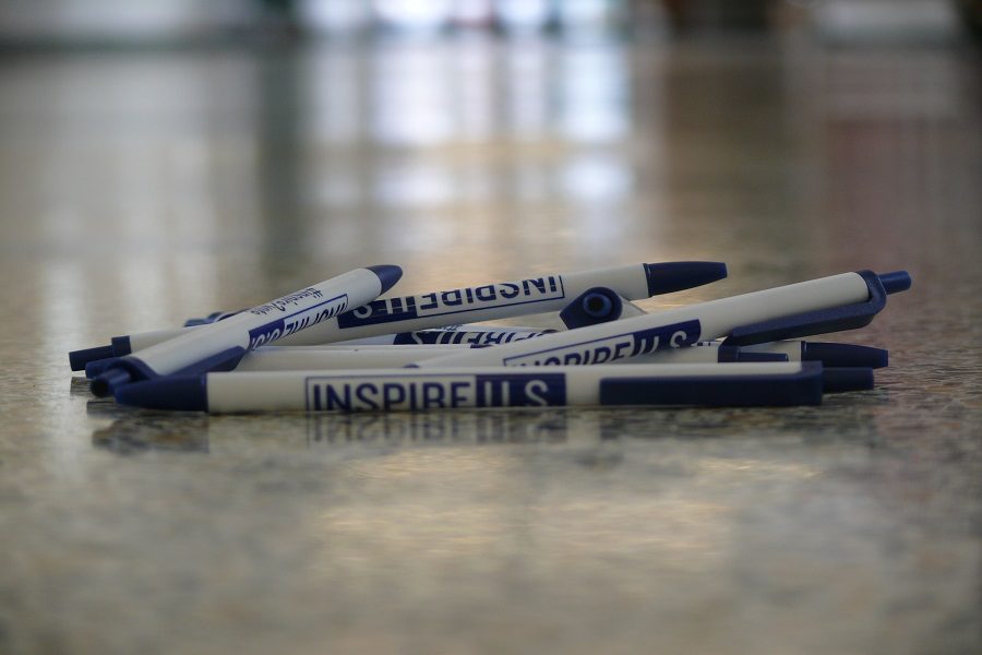 Several pens given out during an Inspire US assembly. The pens were one of several items given out to students so as to encourage them to vote.