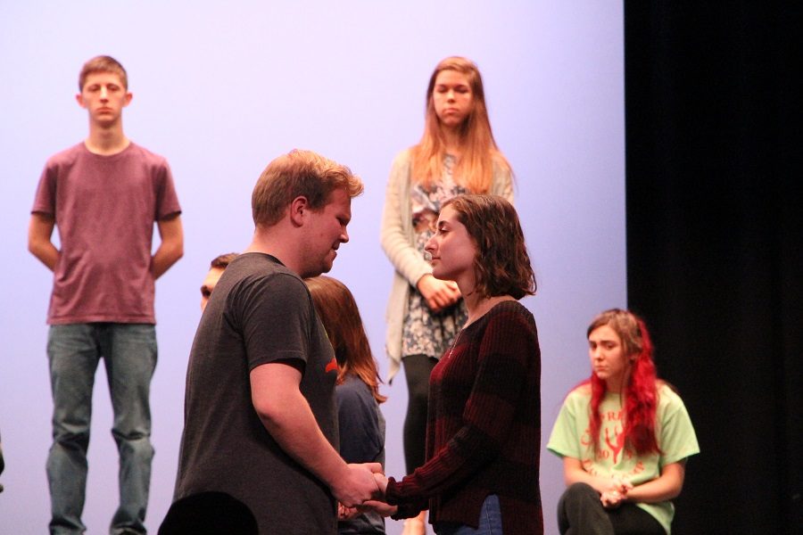 Emily Sedlak and Ozlyn Smith rehearse a scene for this year's musical "Big Fish." The cast began rehearsing back in November.