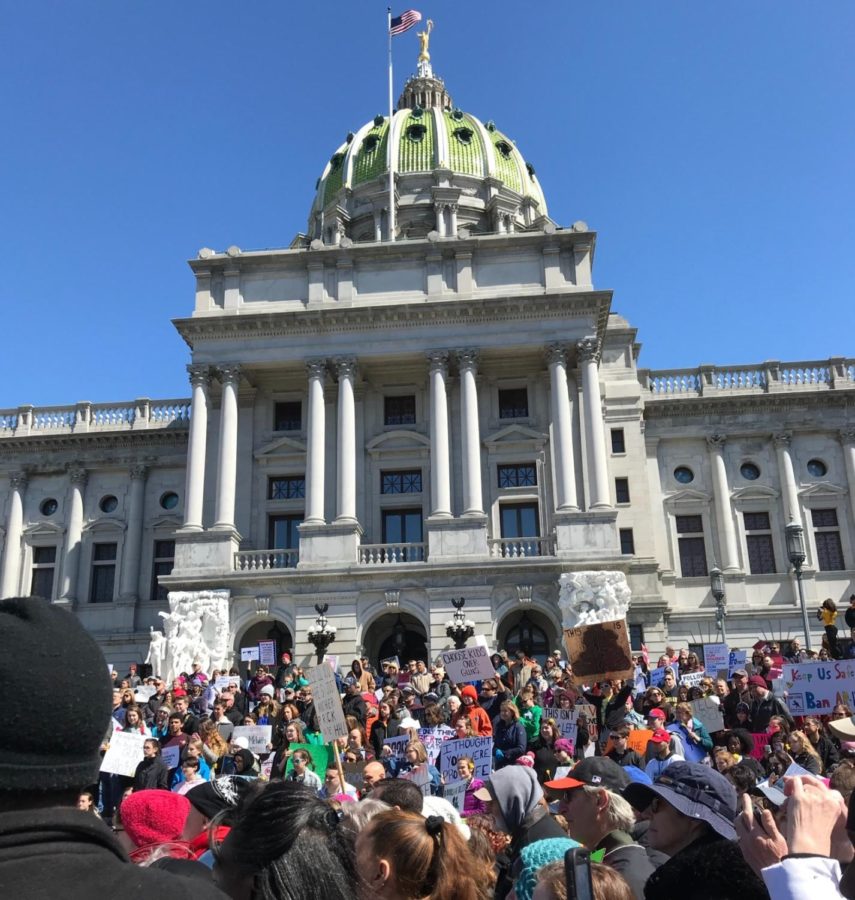 Protesters gather on the Capitol steps in Harrisburg to advocate for gun control during a March for Our Lives event on March 14.