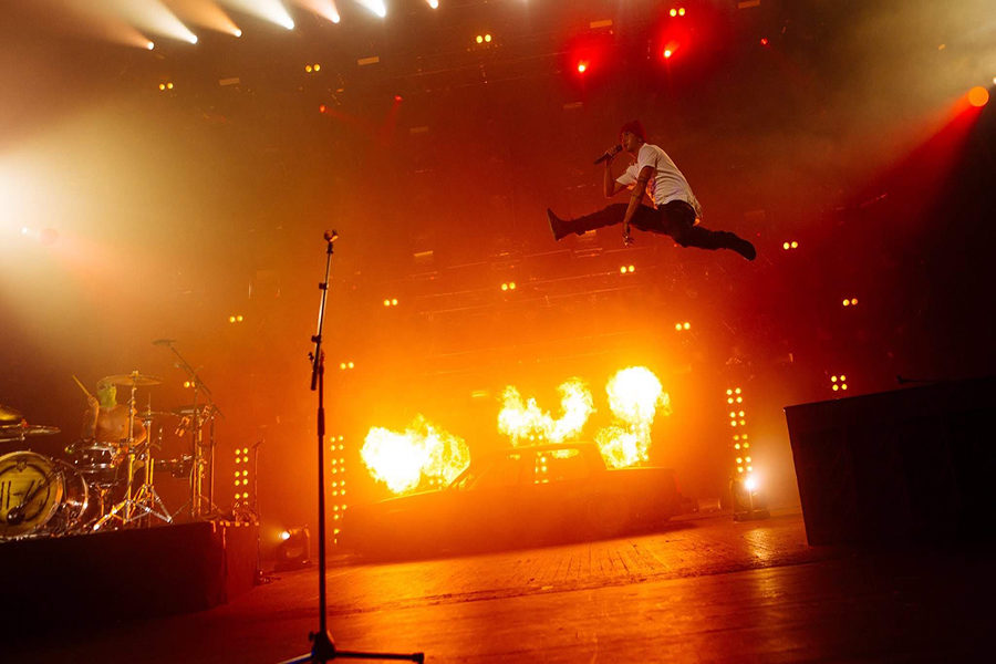 Tyler Joseph jumps on stage during a performance in London. This was the first live performance of recently released songs from the upcoming album Trench.