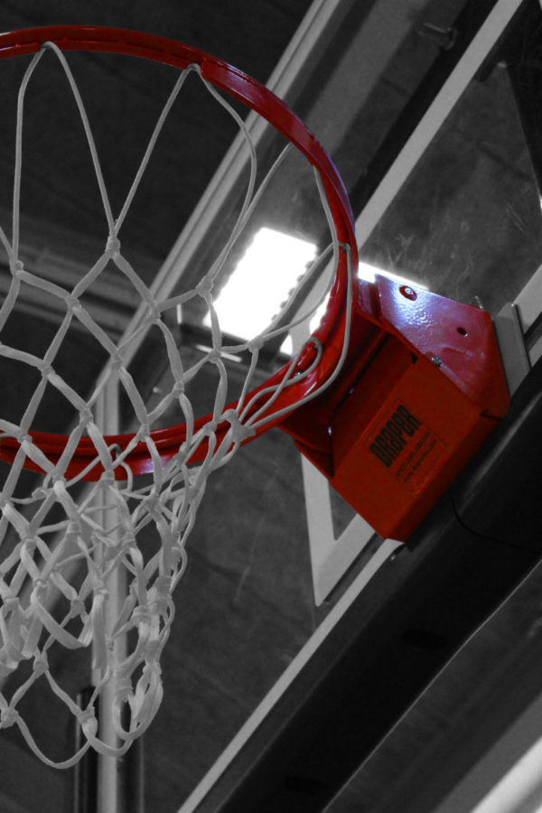 A basketball hoop sits proud and red in the McGowan gym. Even the paint and ropes were renovated. 