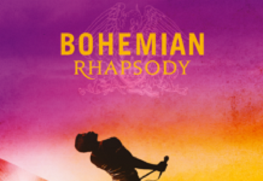 Freddie Mercurys silhouette shows him titled back with microphone at hand, singing.  Bohemian Rhapsody focuses around Mercury and his journey with the band Queen.   