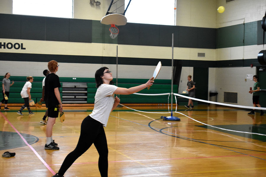 Emily Nankee returns the ball in a game of Pickle ball in Physical Education.  Physical Education is an important class for all students in high school, regardless of gender.