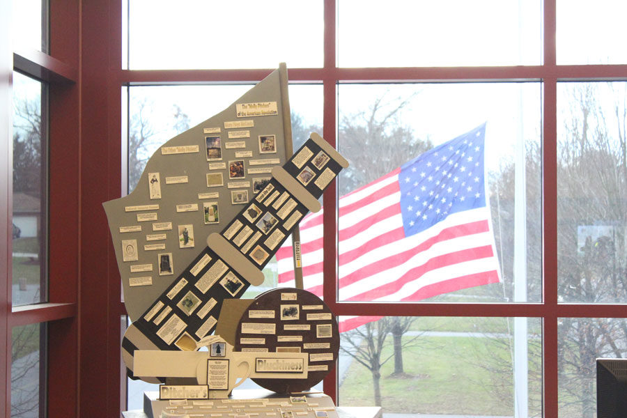 Pitchers Pluckiness, a former prize-winning National History Day winner, sits proudly on display in the library.  Students put a lot of time and resources into their project.