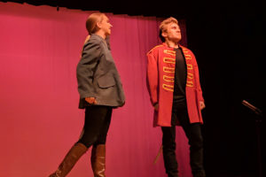 Sophomore Olivia Renault and junior Max Haseman perform in a scene from William Shakespeares play,  Coriolanus.  Renault plays field hockey for CHS while Haseman runs cross country.