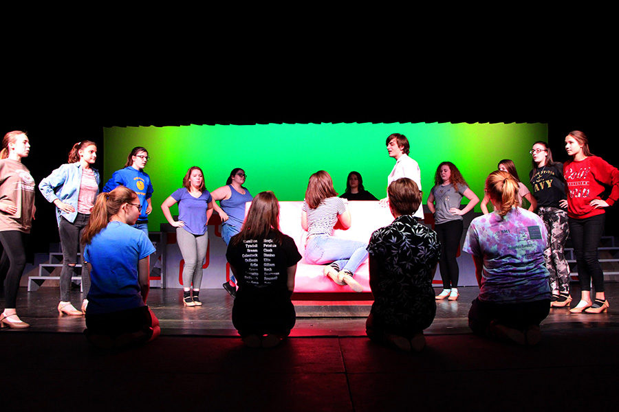 Junior Tim Mattaboni (Teen Angel) sings to Carmen Hershey (Frenchie) during the song "Beauty School Dropout."  Along with soloist acts, there are many scenes that involve the whole ensemble. 