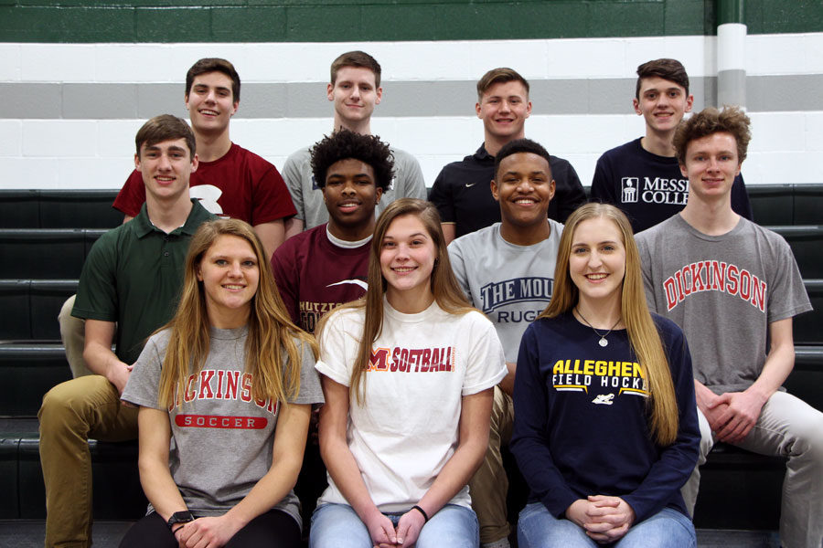 These+11+seniors+signed+to+continue+playing+their+respective+sports+at+their+future+colleges+today.++Front+row%3A+Meg+Tate%2C+Anna+Renninger%2C+Becca+Winton.++Middle+row%3A+Caleb+Richwine%2C+Kurtis+Ravenel%2C+Matt+Carrion%2C+Cole+Boback.+Back+row%3A+Sam+Candland%2C+Trevor+Hamilton%2C+Grady+Chapman%2C+Collin+Diehl.