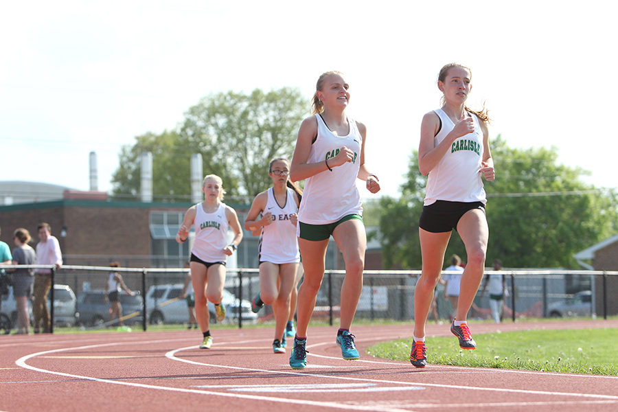 Sophie Salomone leads the Herd in a distance race during the 2018 season. Salomone joined the track team back in middle school to make friends and go outside of her comfort zone. 