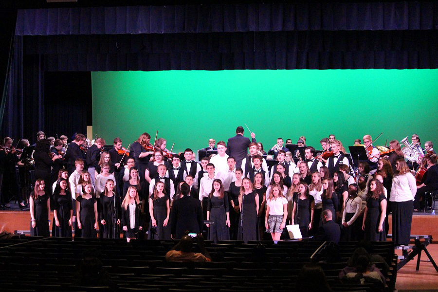 At the fall concert the orchestra, choir and band played the last song of the concert, all together.  The students and staff who are apart of the music department work hard each day so that every piece in every concert sounds perfect.  