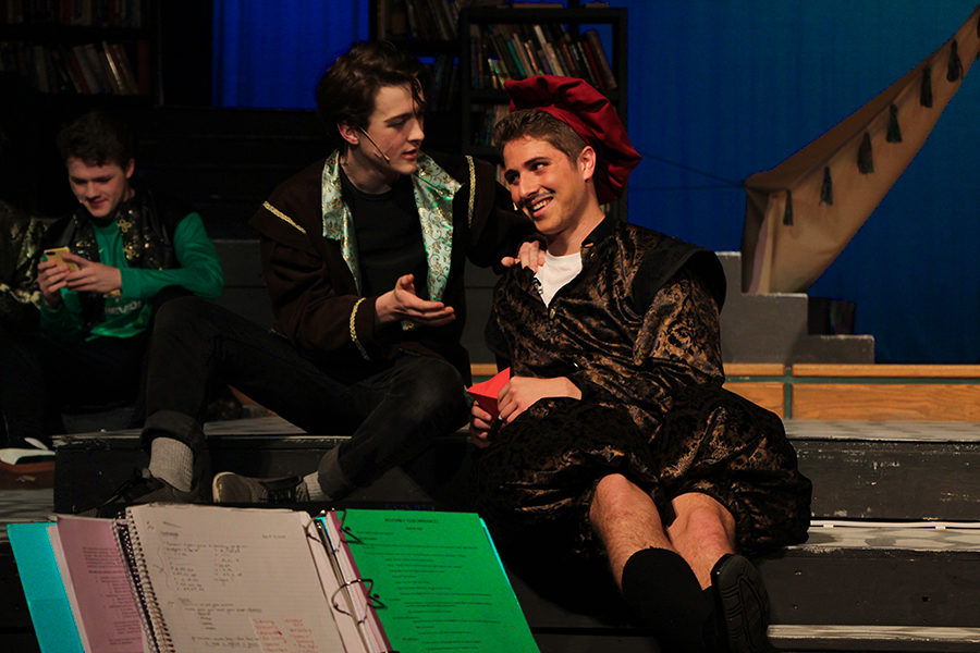Liam Crider (left) asks Bennette L Solomon (right) about a girl he likes. Armado, played by Solomon, is reluctant to reveal the identity of his students to the love struck soccer players. 