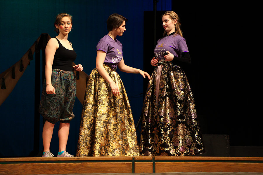 Bri Murray (left) Lauren Waring (middle) and Ava Wendelkin (right)  portray a scene from Loves Labors Tossed. Costard, played by Murray, can often be an advocate for mischief, especially when it comes to the love affairs of the other characters. 