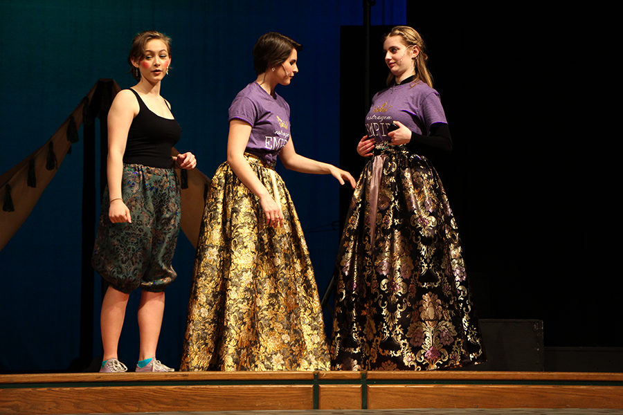 Bri Murray (left) Lauren Waring (middle) and Ava Wendelkin (right)  portray a scene from "Love's Labors Tossed." Costard, played by Murray, can often be an advocate for mischief, especially when it comes to the love affairs of the other characters. 