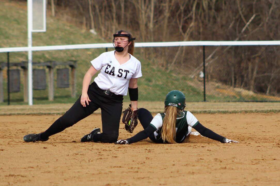 Mikayla Cable, a sophomore who is a new addition to CHS, advances into scoring position as she steals second safely. 