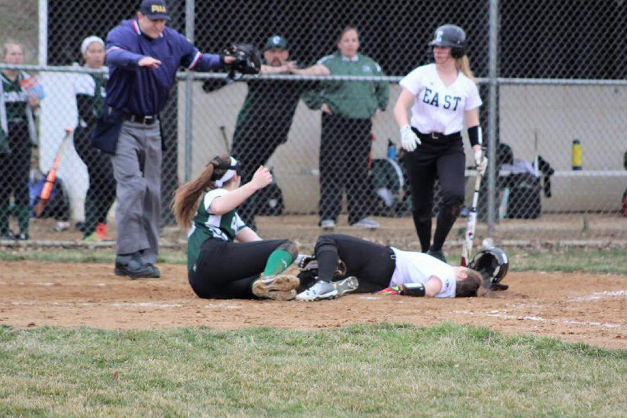 Kaitlyn Peck, a returning sophomore at CHS, pitched six innings and batted fourth in the lineup. A ball makes it way past the catcher and she hurries in to put the tag on a runner stealing home. 