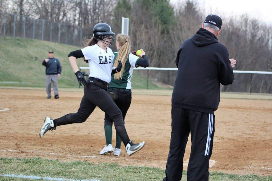 Mikayla Cable hurries over to tag first base and acquire the out. Carlisle softball had been faced with a bunt, but pitcher Kaitlyn Peck snagged the ball, making a throw to first. 