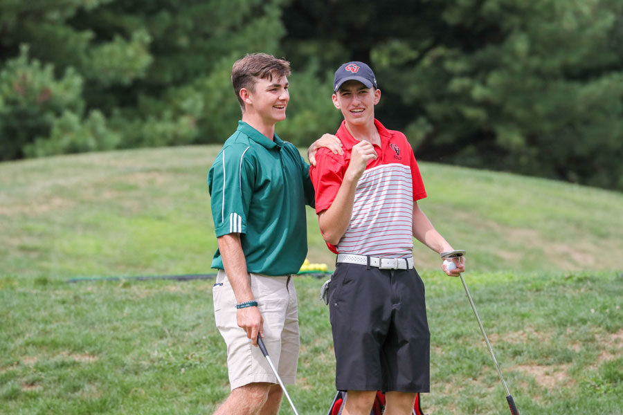 Junior John Peters shares a laugh with competitor Ean Morrison from Cumberland Valley.  Peters recently was crowned AAA Mid-Penn champion and will play in the District tournament on Oct 1.