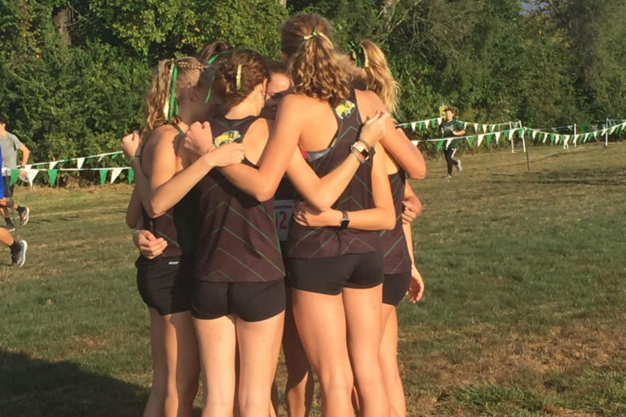 Carlisle runners huddle before the meet to have one last word together. Despite the Carlisle team not winning the meet, Sophia Toti was able to set a girl's new school record.