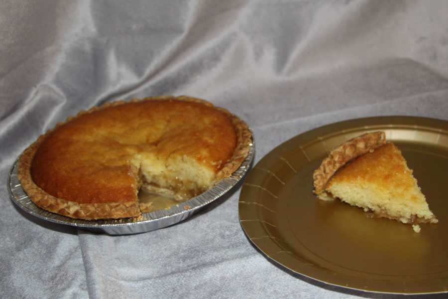 This is a Montgomery pie from Beemans Bakery in Carlisle, PA. Traditionally, this pie is made with a a light tasting crust and a molasses and lemon filling at the bottom, topped with a buttermilk cake.  