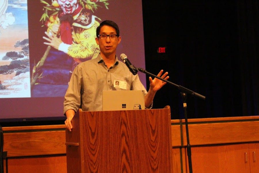 Gene Luen Yang addresses the entire ninth grade class November 4. Ninth grade students at CHS are required to read Yangs book, American Born Chinese, for their English classes.