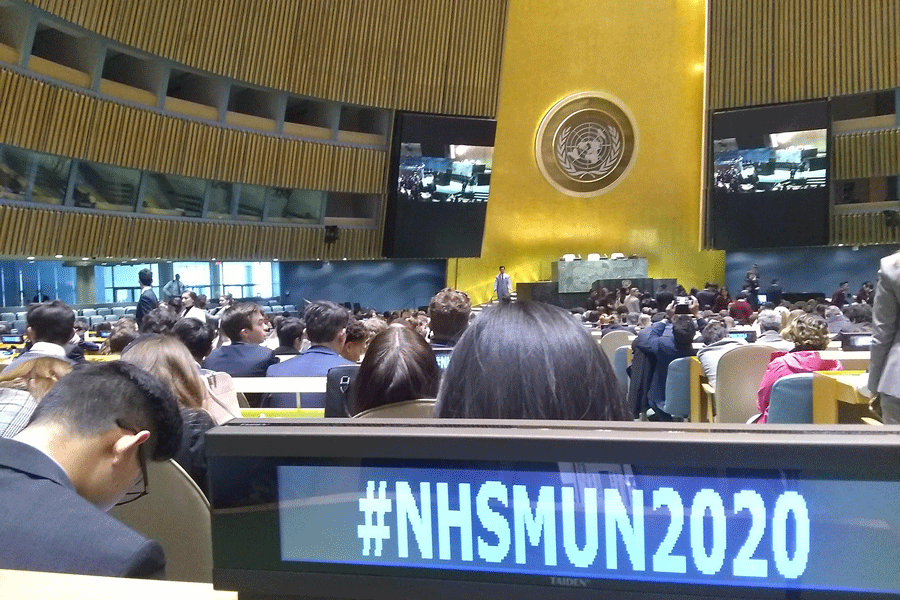 CHS students wait for a panel discussion at the United Nations building in New York. The Model UN team provides students with opportunities to explore the world of foreign affairs in a simulation setting. 