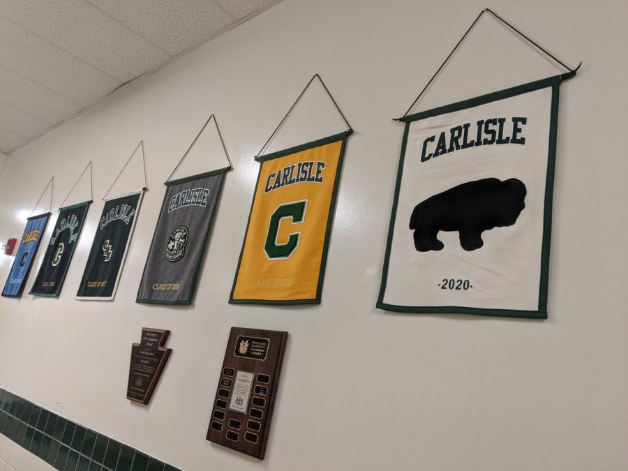 WALL OF HONOR: The class of 2020's banner hangs proudly in the main hallway of McGowan. This tradition was delayed due to school closure last year.