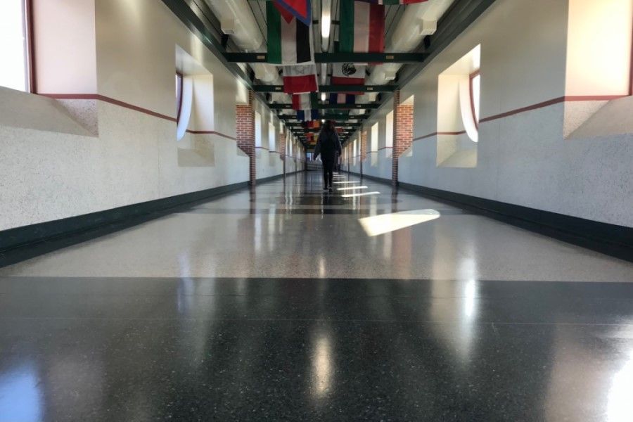 NO MORE HERD IN THE HALLS: Renae Greak walks alone across the Swartz-Fowler bridge. With limited numbers of students at school simultaneously, hallway traffic has been kept to a minimum.