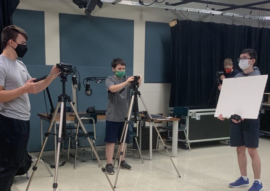 PERFECTION IN THE MAKING: Riley Spencer, Gavin Russell, Ilan Lesman, and Jack Gooding of the Broadcasting Communications class work on many skills to constantly get better. This morning, the class worked on their camera skills with their peers to improve their comfort level with the tools of the trade.