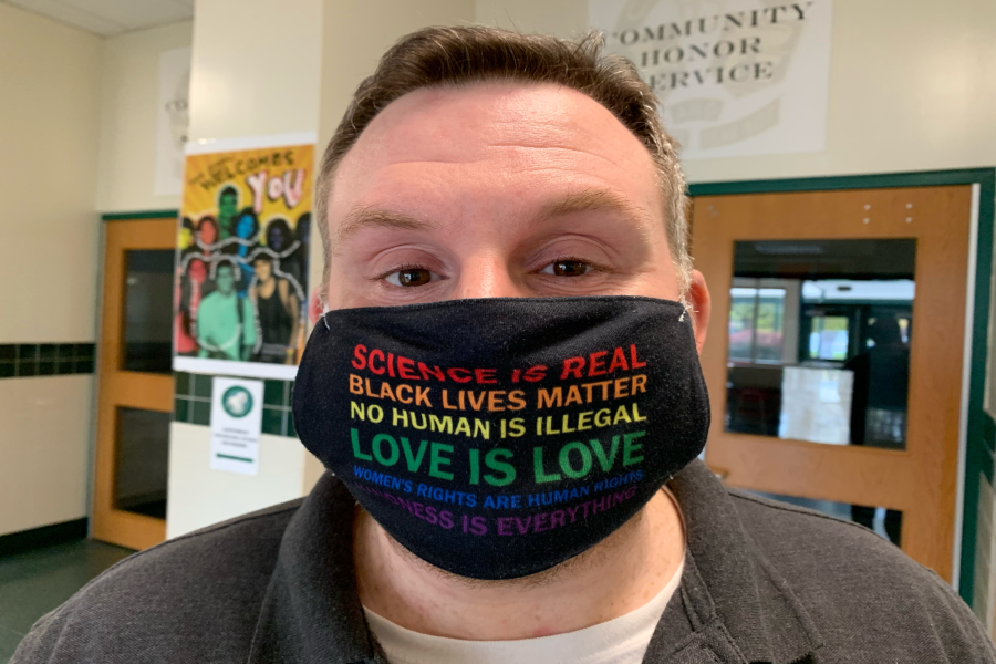 ACT teacher Matt Fahnestock lets his mask do the talking, expressing his desire for people to be good to one another.