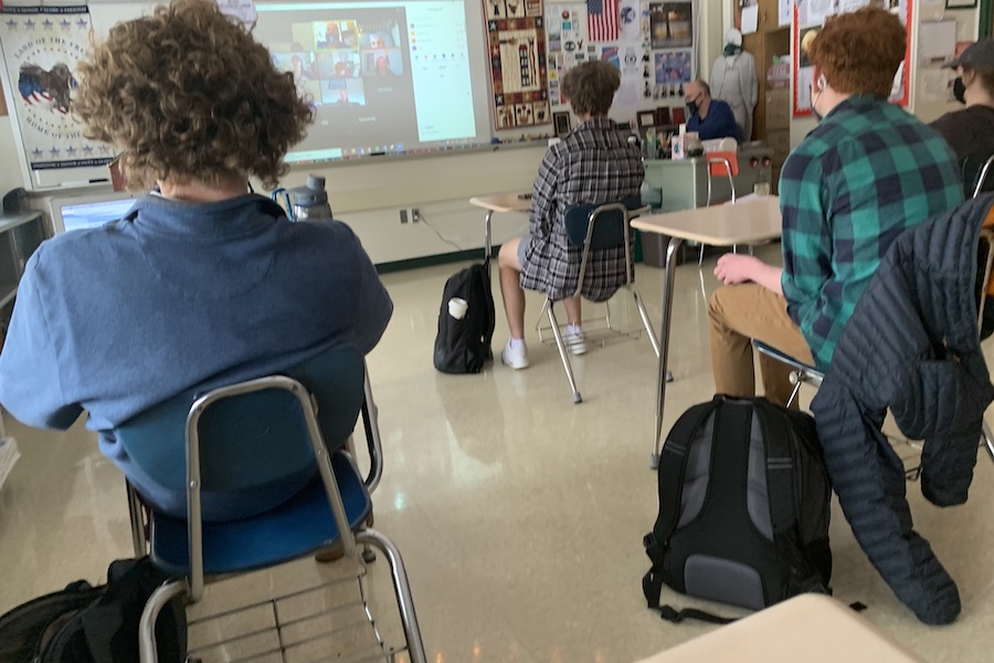MASKED UP MEETING: Model United Nations meets during Bison Block to discuss their upcoming conference. They are "excited for the challenge" said Jonathan Cox, pictured.