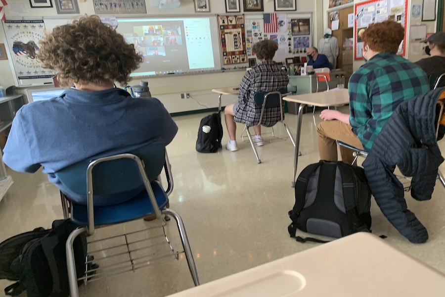 MASKED UP MEETING: Model United Nations meets during Bison Block to discuss their upcoming conference. They are excited for the challenge said Jonathan Cox, pictured.