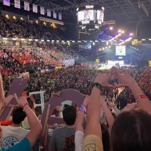 FOSTER THE MAGIC: This photo was taken by PennState Freshman Ashtyn Cartwright during their THON. THON was accompanied by the theme Foster the Magic, featuring students holding up diamonds with their hands to support the event and organization.