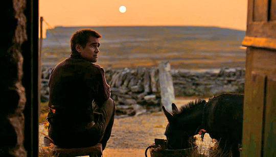 BFFS: Colin Farrell as Padraic sits on the front porch of his house with his pet donkey, Jenny. 