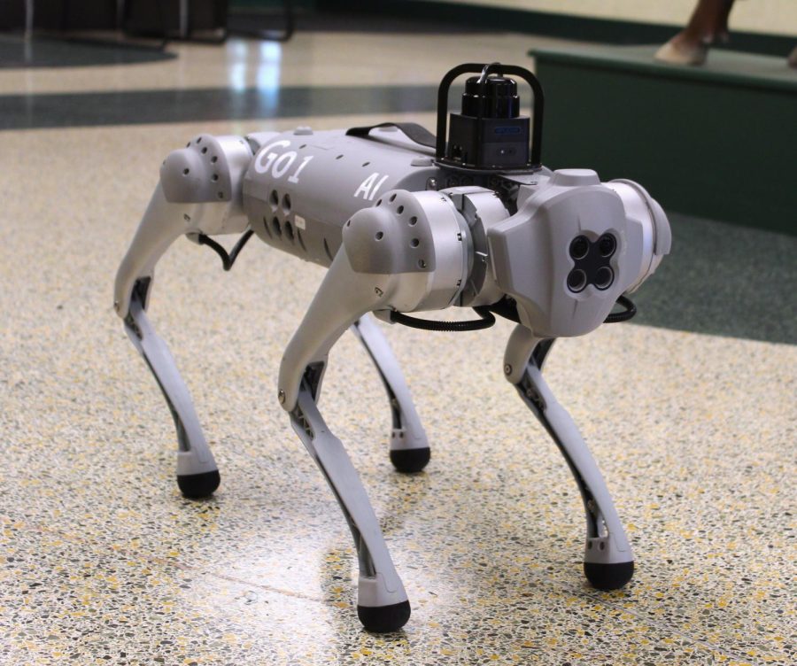 Salt, the schools newest tier 1 AI robot dog, posing for its glamour shot
