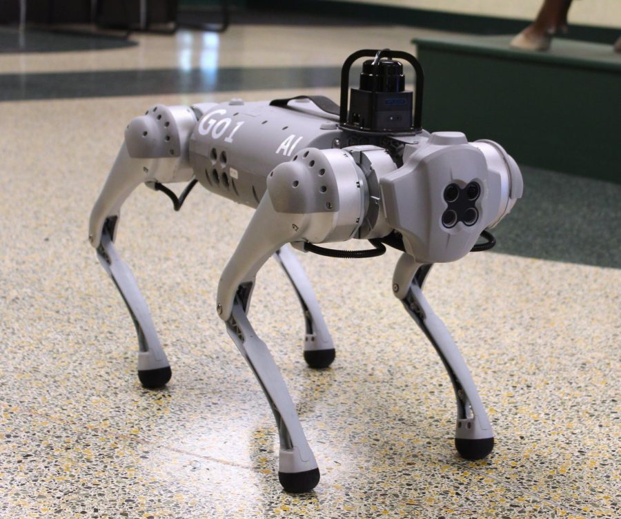 Salt, the school's newest tier 1 AI robot dog, posing for it's glamour shot